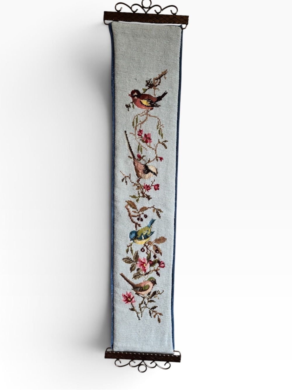 Vintage Blue Cross Stitch Bird & Floral Tapestry Bell Pull Wall Hanging